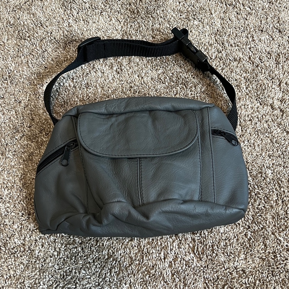 Grey Leather Fanny Pack Belt Bag Pockets Made in Mexico Neutral Travel Festival